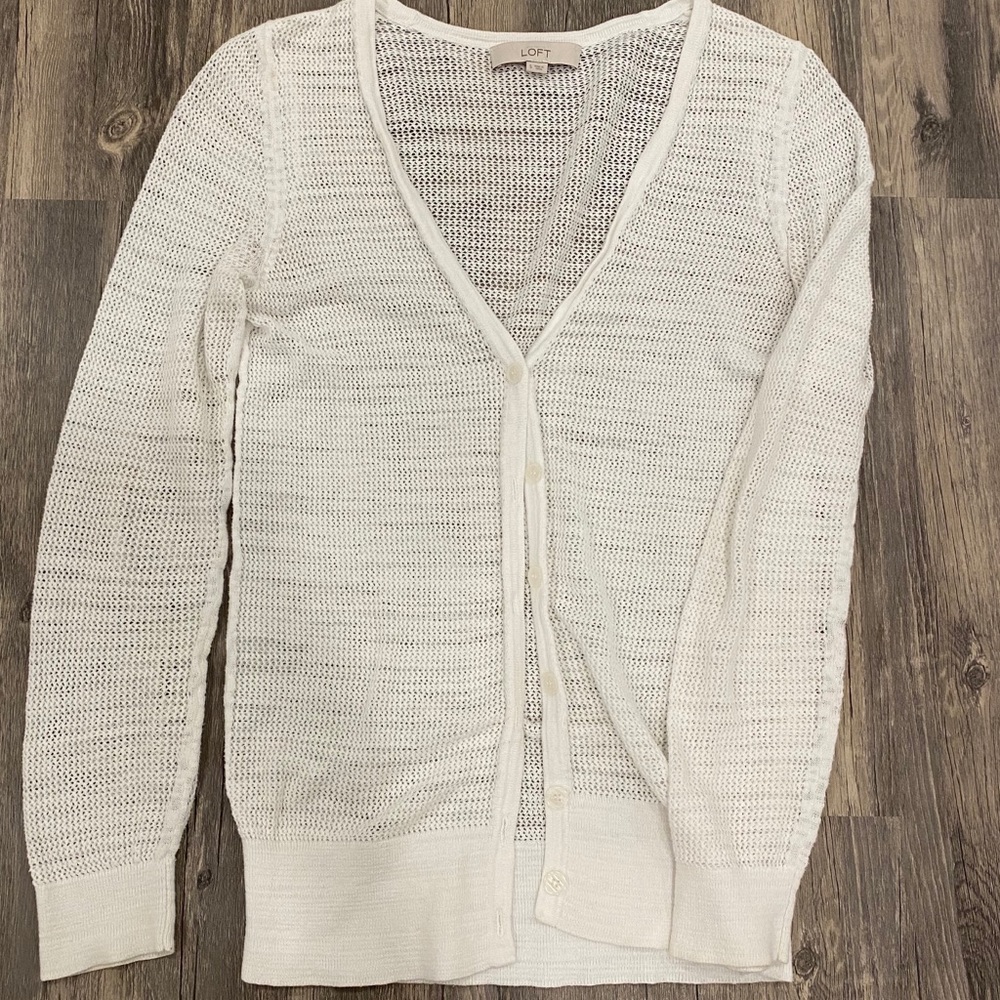 LOFT Mesh/Sheer White Button Up Cardigan